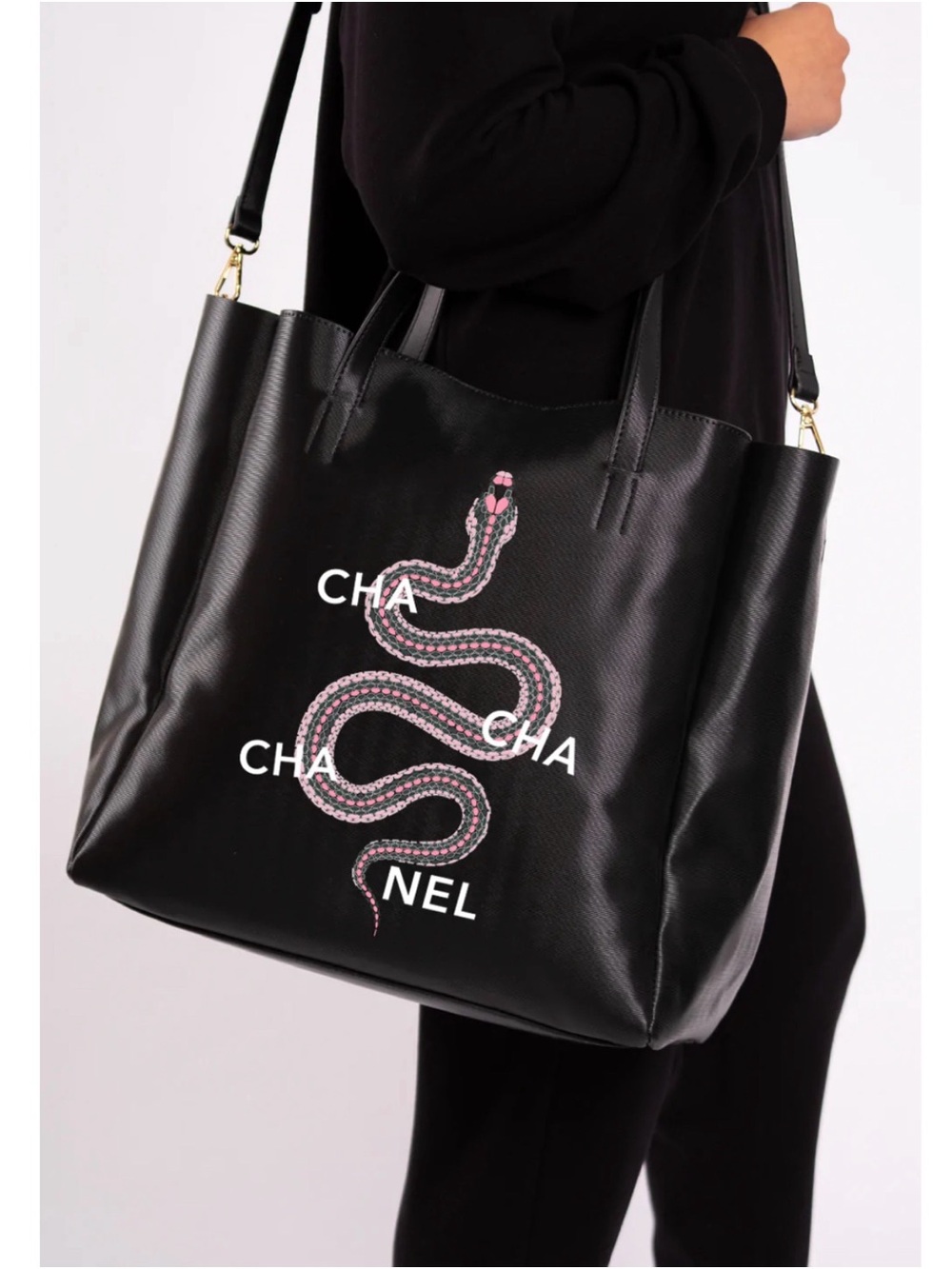 Black Vegan Leather Tote Bag with Pink Snake Print- Unbranded